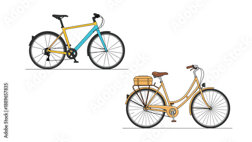 Comparison of a modern blue and yellow mountain bike and a classic beige city bicycle with a rear rack and basket.