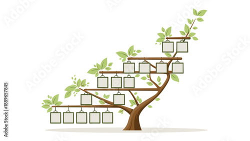 Large brown tree with green leaves and many blank square photo frames hanging from its branches to represent a family lineage.