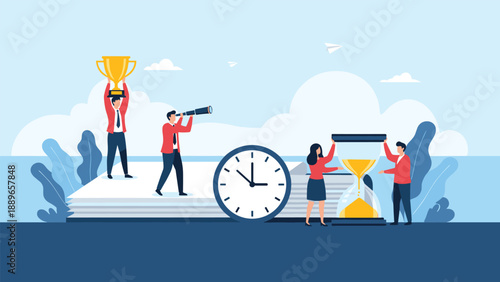 Team of people managing time and achieving goals using a clock hourglass large books trophy and telescope for business strategy.