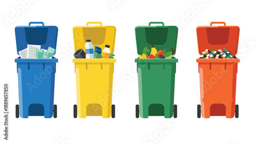 Set of four colorful recycling bins in blue yellow green and orange labeled for paper plastic organic and general waste disposal.