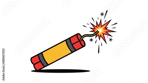 Lit stick of yellow dynamite with red ends and a burning sparking fuse shown as a cartoon explosive on a white background.