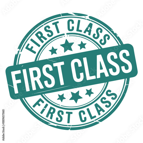 A teal circular badge proclaims first class with star embellishments