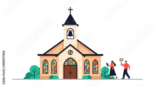 Quaint community church building featuring colorful stained glass windows and a tall bell tower as local people walk by the entrance.