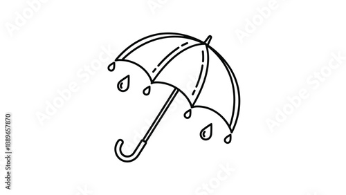 Simple black and white line drawing of an open umbrella with large raindrops falling all around it against a plain white background.