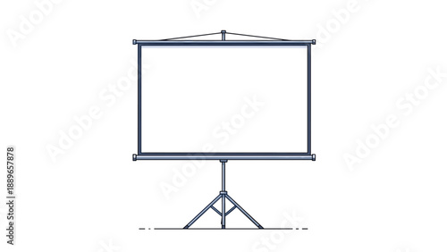 Portable white projection screen mounted on a tall metal tripod stand for professional business presentations and classroom lectures.