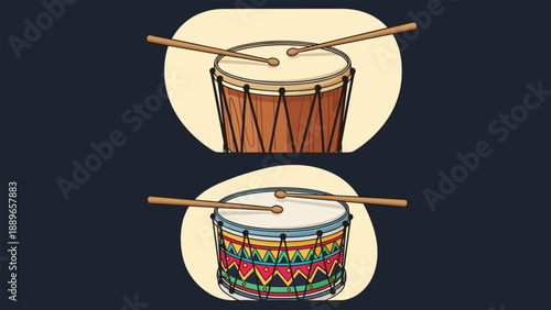Musical drum set featuring a traditional wooden snare drum and a brightly decorated percussion instrument with two wooden drumsticks.