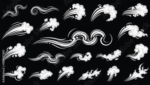 Massive set of white cartoon wind gusts and smoke clouds in various flowing shapes on a solid black background for motion effects.