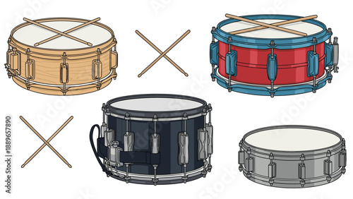 Detailed illustration of various snare drums including wooden, red, and blue versions with sets of crossed wooden drumsticks.