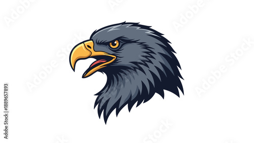 Fierce bald eagle head mascot illustration showing a sharp yellow beak and focused eyes for sports teams or national pride emblems.