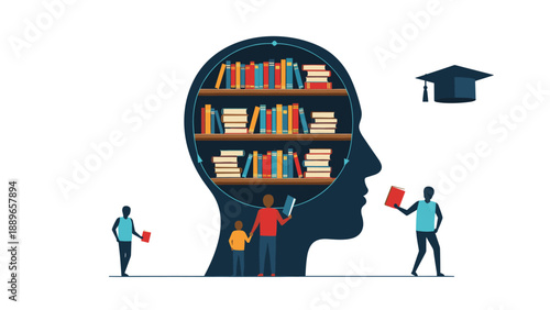 Intellectual concept illustration of a human head silhouette filled with shelves of books representing education and lifelong learning.