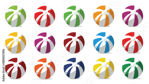 Large grid collection of fifteen colorful inflatable beach balls in various vibrant patterns perfect for summer and vacation themes.