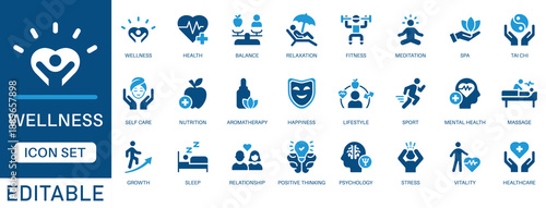 Wellness icon set. Featuring health, self care, meditation, mental health, fitness, relaxation, nutrition, spa, stress, lifestyle, balance, psychology and more icons. perfect vector icon collection.