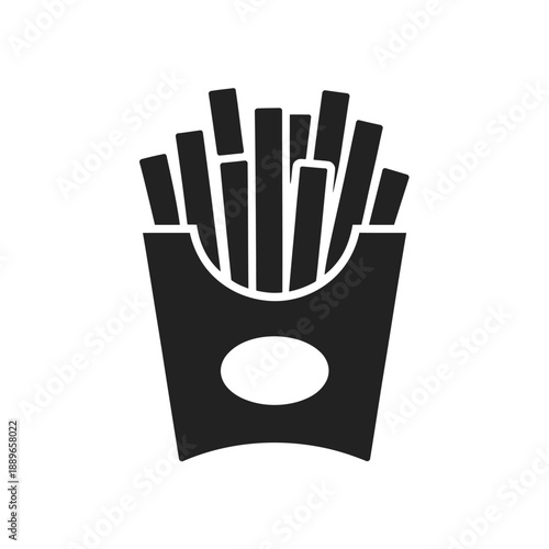 Black and white graphic illustration of french fries in a container