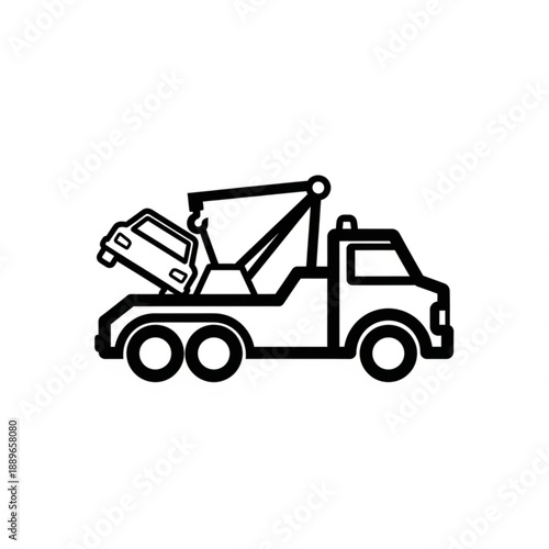 Tow truck lifting a damaged vehicle on a roadside, viewed from the side, illustrating a recovery operation