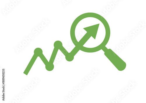 Green line graph with an upward trend is under a magnifying glass