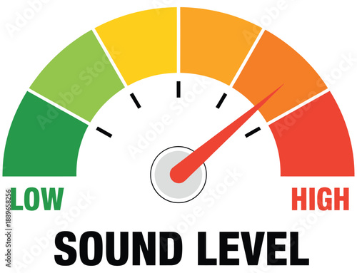A sound level meter displaying a high reading with color coded zones