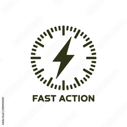A circular icon featuring a lightning bolt and the text fast action
