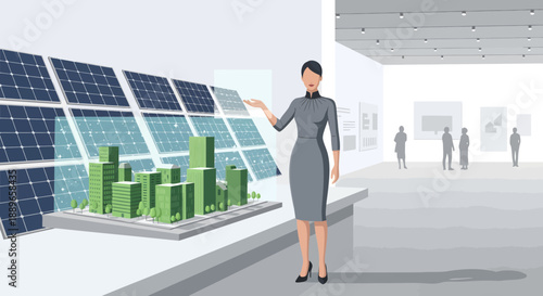 Woman presenting a miniature green city powered by solar panels.