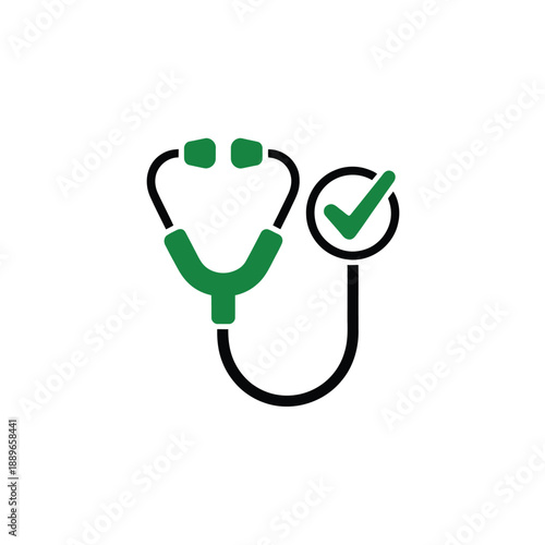 Green stethoscope and check mark symbol representing health and medical validation