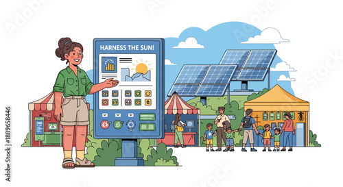 Woman presenting information on an interactive digital kiosk.