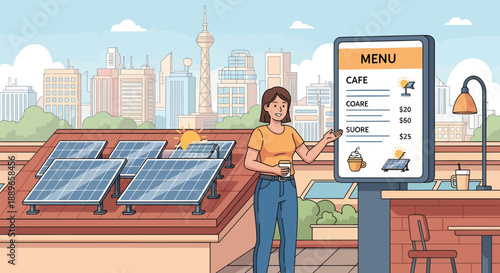 Woman ordering from a digital menu at a rooftop cafe with solar panels.