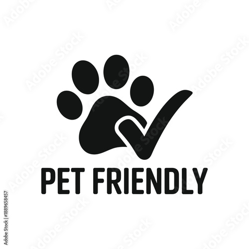 A black paw print with a checkmark and the text pet friendly
