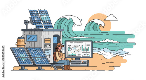 Woman monitoring data on a computer in a solarpowered coastal research station.