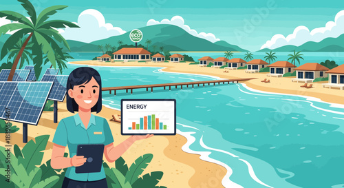 Woman presenting energy data on a tablet near solar panels.