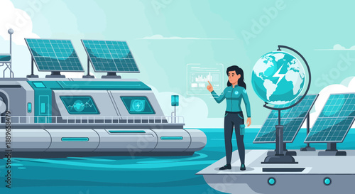 Woman with globe and solar panels symbolizing sustainable energy and environmental awareness.