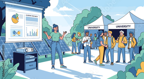 Woman presenting sustainability data at an outdoor university event.