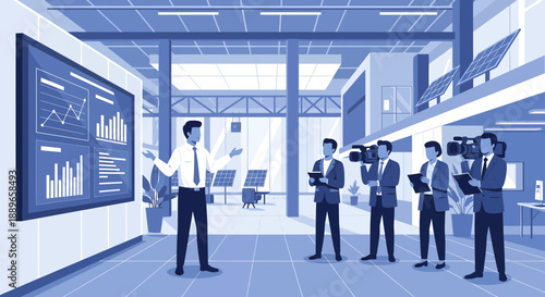 Businessman presenting data on a large screen to a group of journalists.