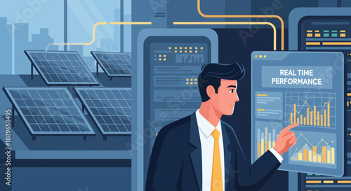 Businessman analyzing realtime performance data on a digital screen.