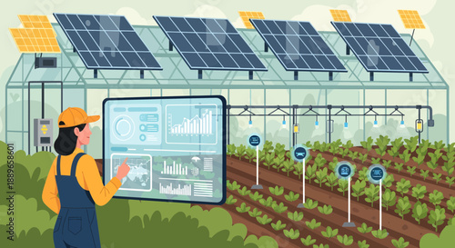 Female farmer using tablet for smart agriculture in greenhouse.