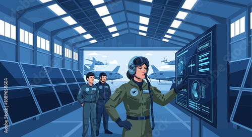 Female pilot in flight suit interacting with a large digital screen.