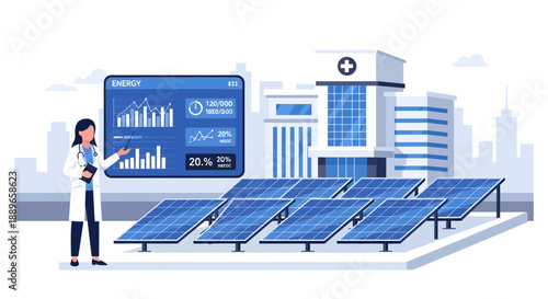 Female scientist analyzing solar panel energy data for hospital.
