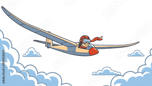 Person flying hang glider through blue cloudy sky with red scarf flowing