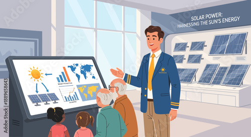 Man Explaining Solar Power to Children and Elderly at Interactive Exhibit.