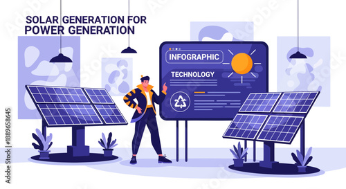 Man Explaining Solar Power Generation Infographic Technology.