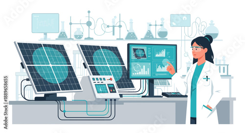 Female scientist working with solar panels and advanced monitoring equipment in a laboratory setting.