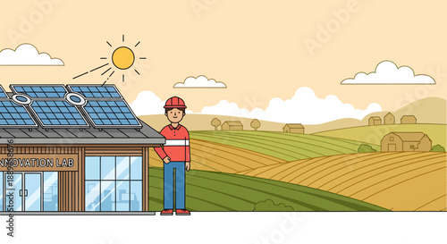 Man in hard hat standing next to a house with solar panels.