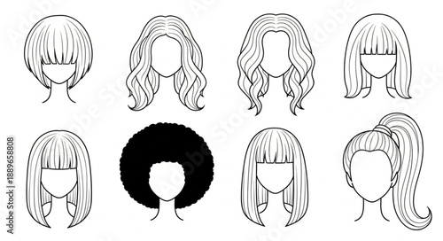 Collection of eight different hairstyles drawn in black and white.