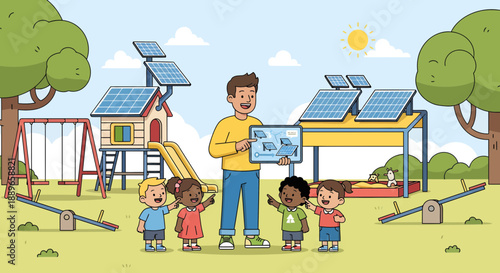 Teacher and diverse children learning about solar energy.