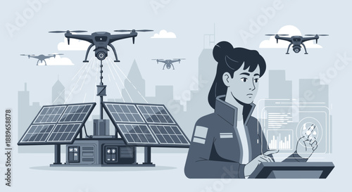 Woman controlling drones for solar panel maintenance.