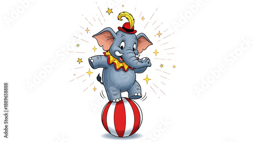 Gray elephant balancing on red ball wearing colorful hat and bow tie with sparkles
