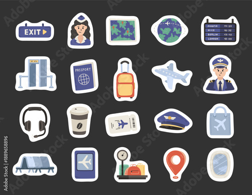 Airport set in scandinavian style showing exit, attendant, map, globe, schedule, passport, suitcase, aircraft, pilot, headset, ticket, bag, sign, scale, porthole