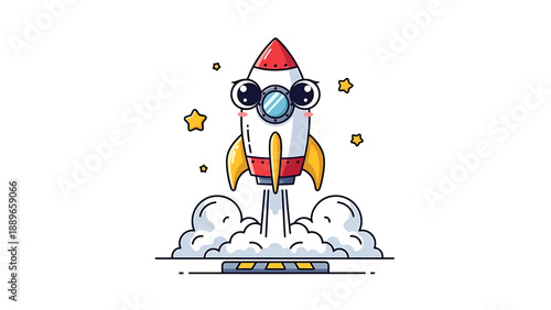 Cartoon rocket ship with goggles launching into space with stars and smoke