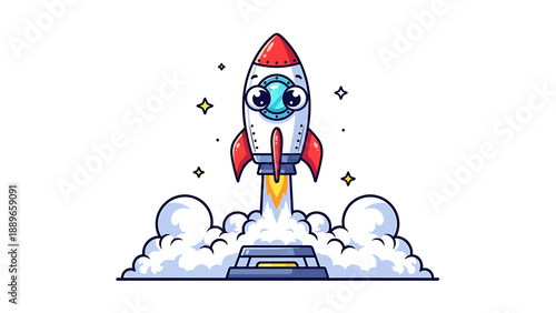 Cute cartoon rocket ship launching into space with clouds and stars symbolizing innovation and exploration