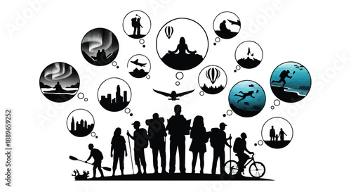 Diverse group of people contemplating various outdoor adventures and experiences