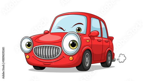 Smiling red cartoon car with winking eyes and exhaust fumes on white background