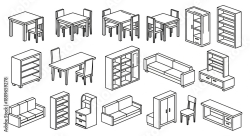 Collection of isometric furniture illustrations in black and white.